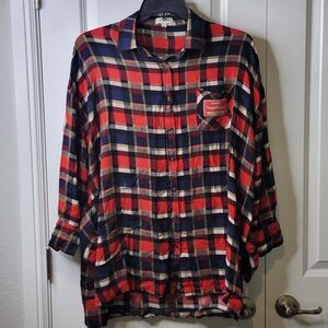 Umgee Shirt Women's Size Large Red Plaid Button Down Long Sleeve Tunic Patches